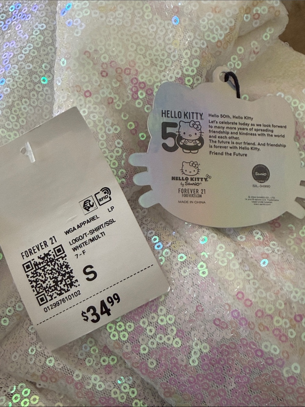 Hello Kitty White Sequin Short Sleeve Tee with Black Trim size Small but it long - Picture 9 of 11